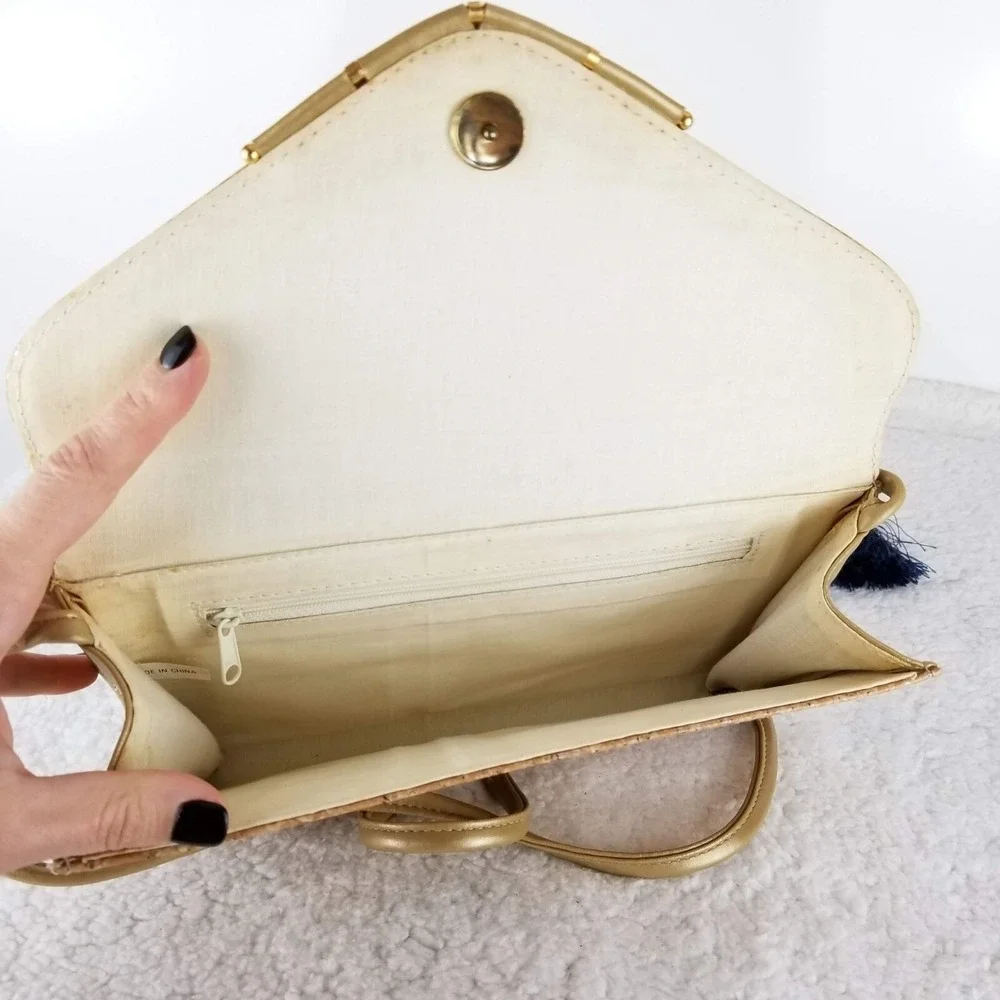 Vtg Boho Natural Cork Metallic Flecked Crossbody Envelope Clutch Bag Gold Detail
